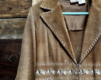 Newport News Tan Vintage Suede Leather Jacket with Whipstitch Trim and Embroidered Floral Details