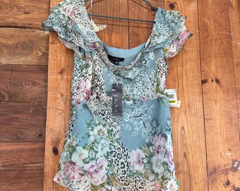 E C I New York 100% Silk Top featuring Leopard Print and Florals | Vintage Y2K