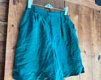 Emerald Green Vintage Silk Shorts with Butterfly Button
