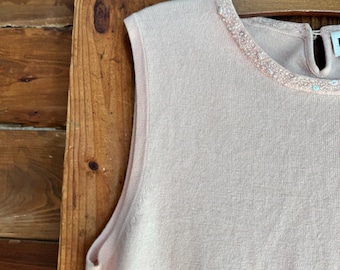 Pendleton Light Pink Silk-Cashmere Blend Sleeveless Top With Embroidered Beading Along Collar