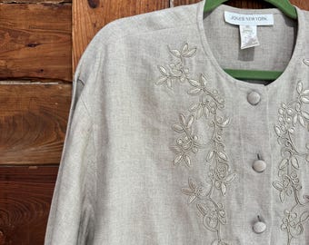 Jones New York Beige Oversized Button Up Linen Top with Floral Embroidered Details