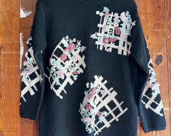 Chaus Sport Vintage 90s Black Knit Sweater with a Pink Rose Garden Trellis Design