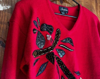 Vintage 80’s Red V-Neck Sweater with Sequin and Bead Leaf appliqué