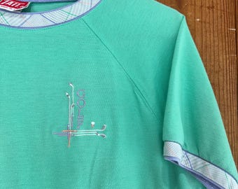 Pastel Green Golf Polo Shirt Embroidered Graphics Plaid Trim