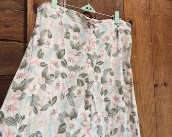 Pastel Botanical Print Button-Front Midi Skirt