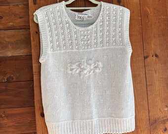 Erika Hand Knit White Sweater Vest with Floral Design