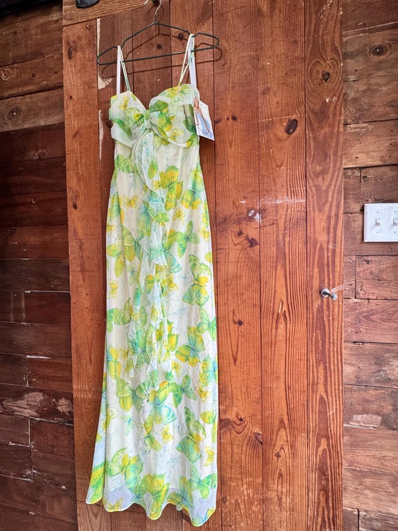 Stunning Green & Yellow Butterfly Sheer Maxi Dress | Vintage 90's Dress by Niki Livas Stunning Green & Yellow Butterfly Sheer Maxi Dress | Vintage 90's Dress by Niki Livas