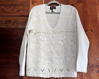 Cream Lace Knit Sweater with Floral Embroidery and Subtle Metallic Accents