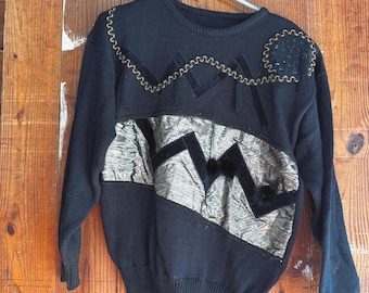 1980s Black & Metallic Abstract Statement Sweater with Embellishments