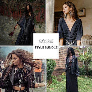 May include: A collage of four images showcasing Boho Goth style. The images feature women in dark, flowing dresses, leather jackets, and layered necklaces. The text "Boho Goth STYLE BUNDLE" is overlaid on the images.
