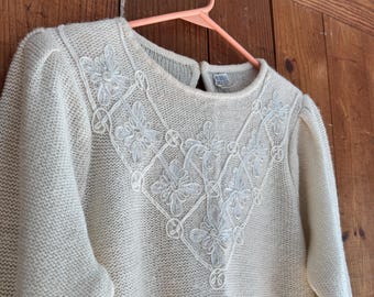Cream Lace Knit Sweater with Floral Embroidery and Subtle Metallic Accents