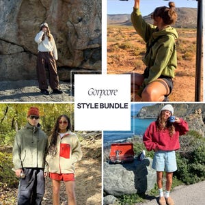 May include: A collage of four images showcasing a "Gorpcore STYLE BUNDLE." The images feature individuals in outdoor settings, wearing various outfits. These include a cream-colored sweatshirt and brown pants, a green hoodie, a red fleece jacket, and a red sweater with blue shorts.