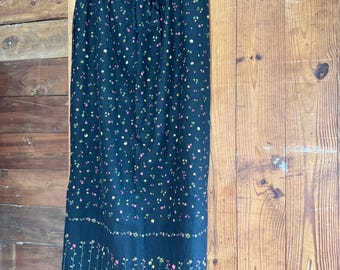 Black Linen-Blend Maxi Skirt with pink floral embroidered details