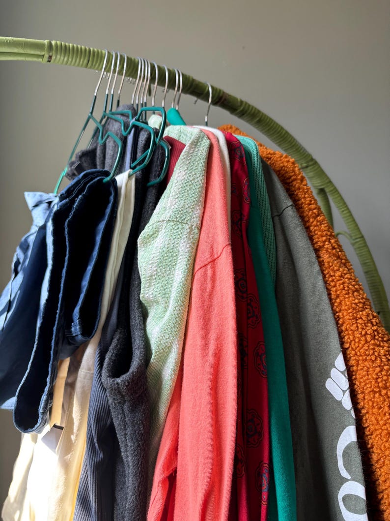 Puede incluir: Una colecci&oacute;n de varias prendas colgadas en un perchero verde curvado, incluyendo un pantal&oacute;n azul, una camisa blanca, un chaleco gris oscuro, una blusa verde claro texturizada, una camisa coral de manga larga, una camisa roja estampada y una prenda de forro polar naranja.