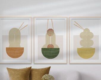 Noodle Wall Art Set of 3 Abstract Food Art Set of 3 Prints Mid Century Wall Art Ramen Line Print Bohemian Neutral Wall Decor Art Print Set