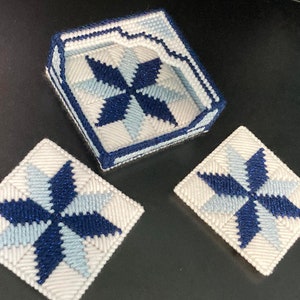 Handmade Plastic Canvas Coasters Winter Blue Geometric Sparkle Set of Four Coasters with Storage Box