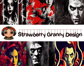 6 Halloween horror movies poster style images, seamless paper, e-card size, high resolution 12x12 at 300 dpi digital download
