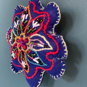 Hand Beaded and embroidered Blue Flower Ornament, mother daughter shop, Afghan refugee made, unique gift for her, Valentine, embroidery image 2