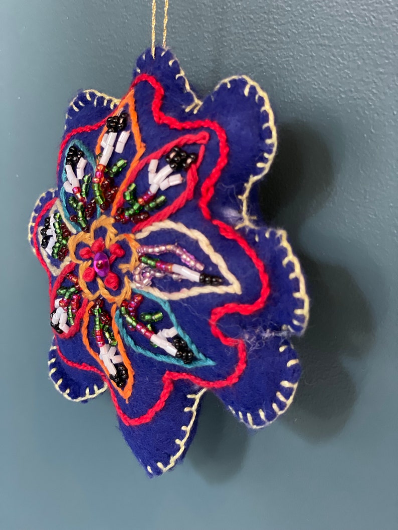 Hand Beaded and embroidered Blue Flower Ornament, mother daughter shop, Afghan refugee made, unique gift for her, Valentine, embroidery image 2