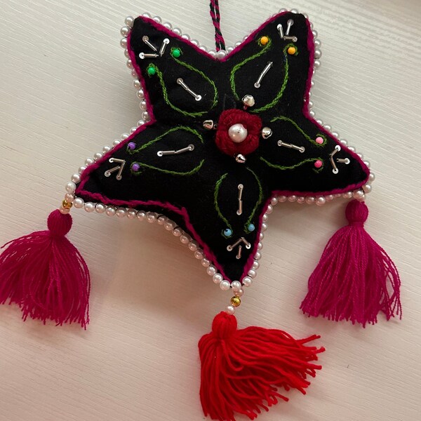 Yellow - Star - Hand Embroidered Felt Christmas Decor Ornament 10