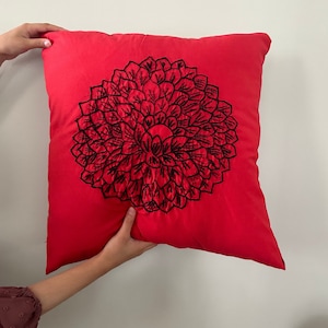 Hand embroidered floral pillow cover, Red cotton pillow cover with hidden zipper, handmade pillow cover, Afghan refugee maker
