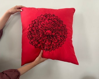Hand embroidered floral pillow cover, Red cotton pillow cover, handmade cotton pillow cover