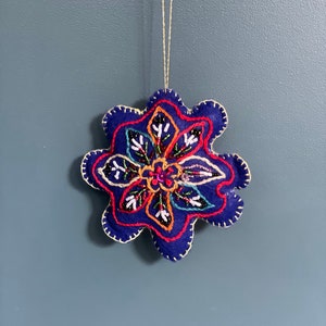 Hand Beaded and embroidered Blue Flower Ornament, mother daughter shop, Afghan refugee made, unique gift for her, Valentine, embroidery image 3