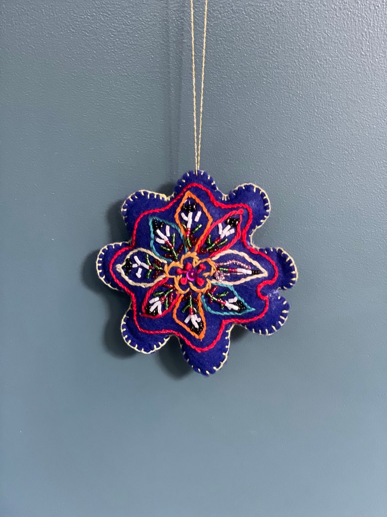 Hand Beaded and embroidered Blue Flower Ornament, mother daughter shop, Afghan refugee made, unique gift for her, Valentine, embroidery image 3