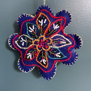 Hand Beaded and embroidered Blue Flower Ornament, mother daughter shop, Afghan refugee made, unique gift for her, Valentine, embroidery image 1