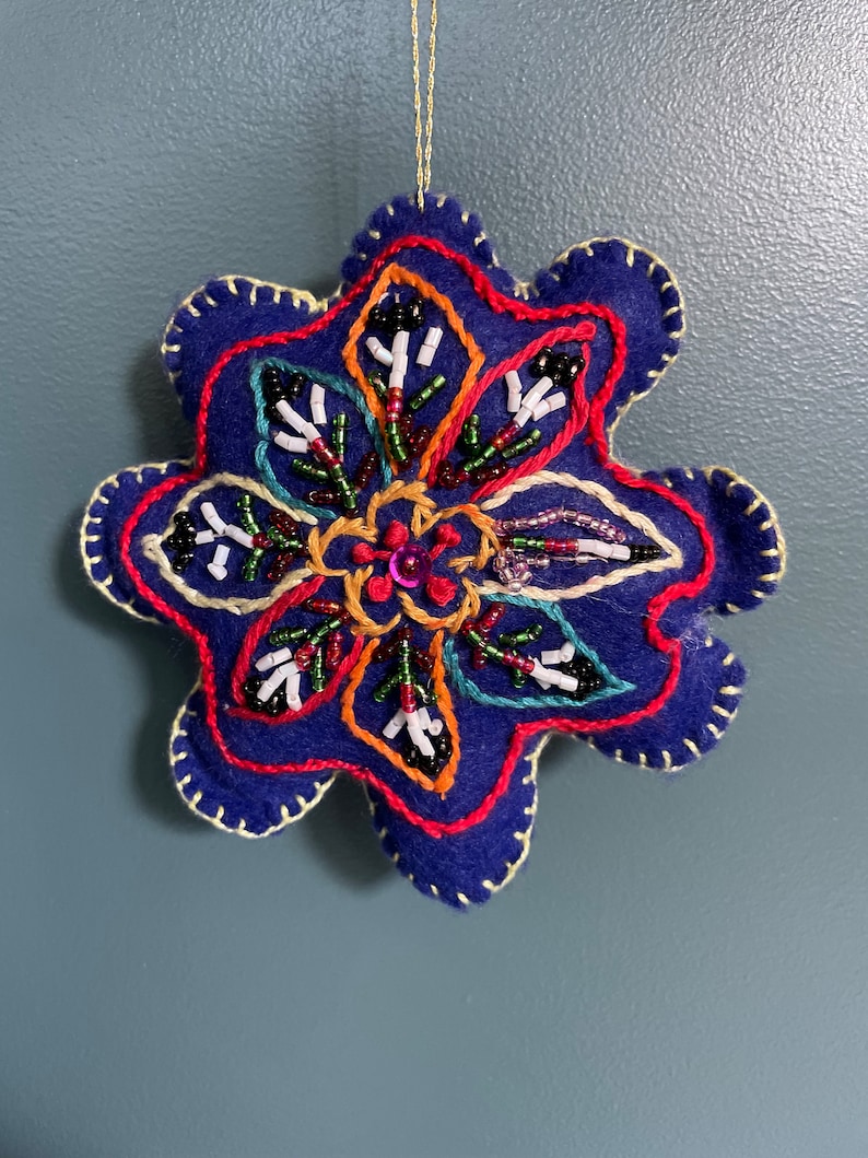 Hand Beaded and embroidered Blue Flower Ornament, mother daughter shop, Afghan refugee made, unique gift for her, Valentine, embroidery image 1