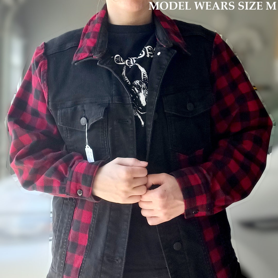 Custom Flannel and Denim Jacket, Oversized Size MXL Denim Jacket With