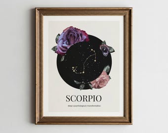 Scorpio Floral Zodiac Wall Art | Hand Gold Leafed Constellation Print