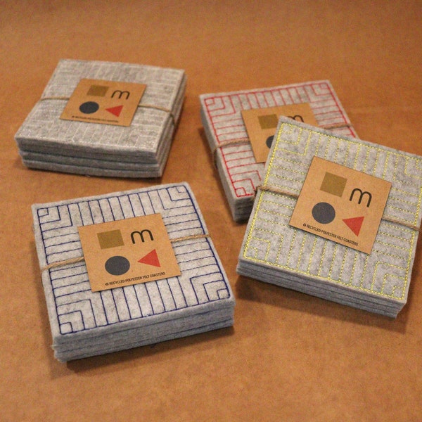 Square Felt coaster Set - 4"x4" - 1/4" thick - Heather gray - White/Blue/Yellow/Red Embroidery Stitch - 100% Recycled Polyester Felt