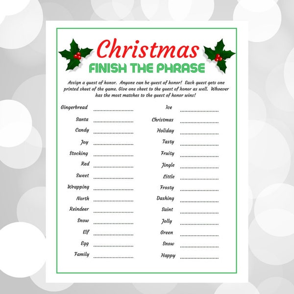 Christmas Finish the Phrase Game, Printable Holiday PDF PNG, Xmas Party Games, Printable Christmas Party Game, Instant Download