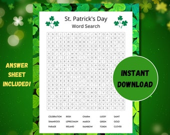 Búsqueda de palabras del Día de San Patricio, Juegos imprimibles del Día de San Patricio, PDF de descarga instantánea, Día de San Patricio, Búsqueda de palabras para niños imprimible
