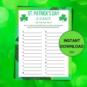 St. Patrick&#39;s Day Games, St. Patrick&#39;s Day A-Z Race Game, Printable St Paddys Day Games, Instant Download St. Patricks Day Kids and Adults
