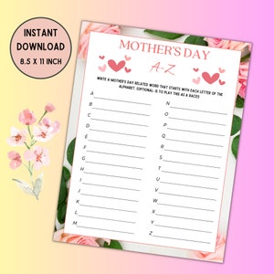 Mother&#39;s Day A-Z Game, Printable Games, Mother&#39;s Day, Family Activities, A to Z Game Printable PDF, Happy Mothers Day Activities, Print