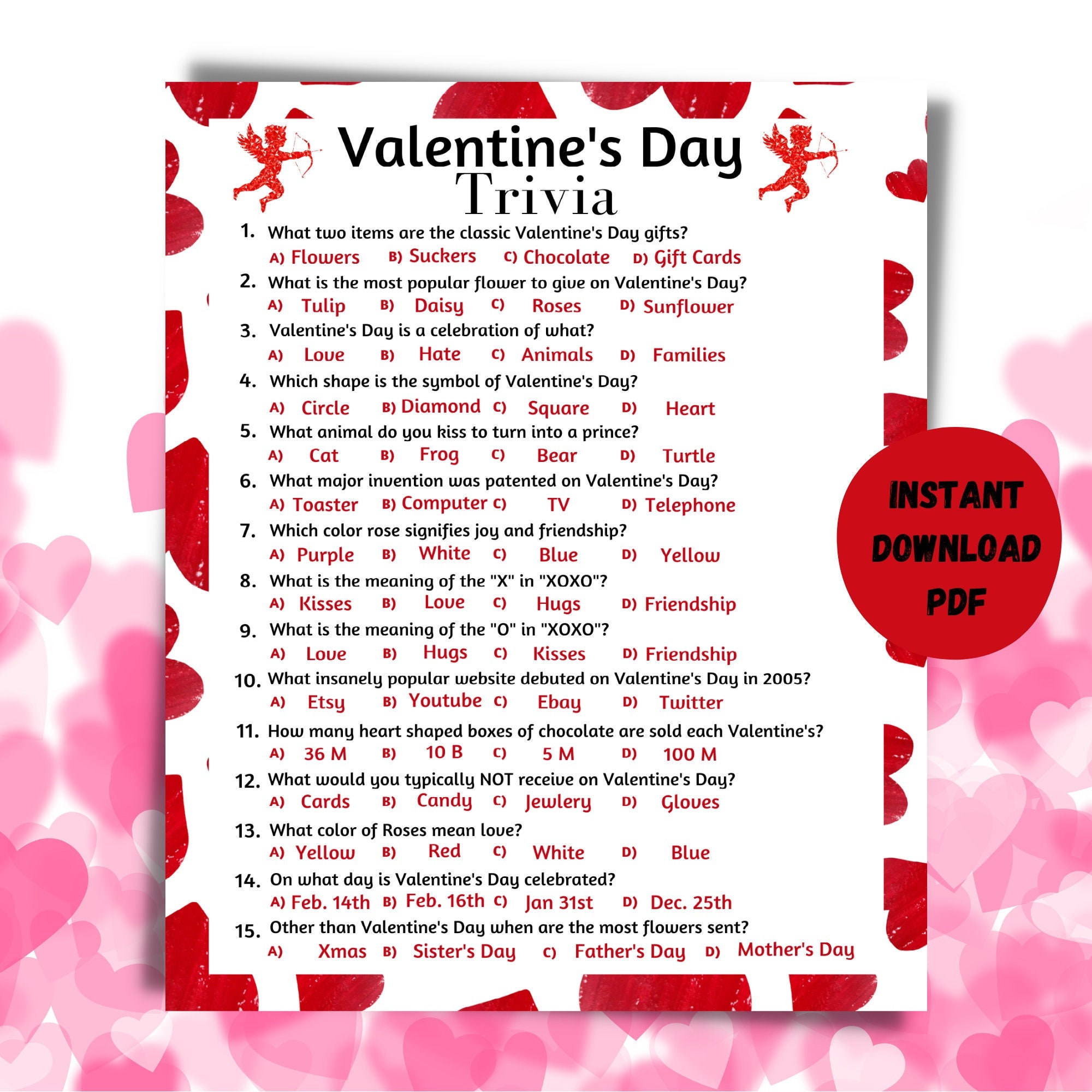 Valentine s Day Printable Trivia Game Valentine s Day Instant Download Multiple Choice
