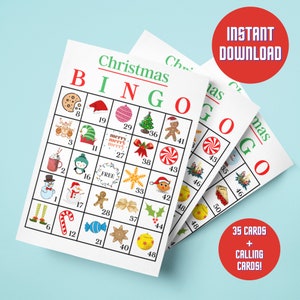 Kerstbingokaarten, afdrukbaar kerstbingospel, 35 kerstbingokaarten, kerstfeestspellen, leuk kerstbingofeestspel