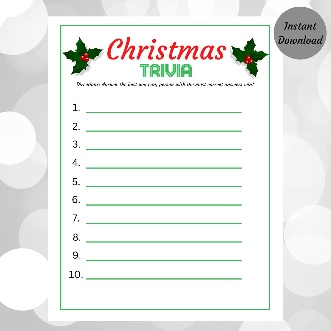 Christmas Trivia, Printable Holiday Game, Instant Download, Xmas Party ...