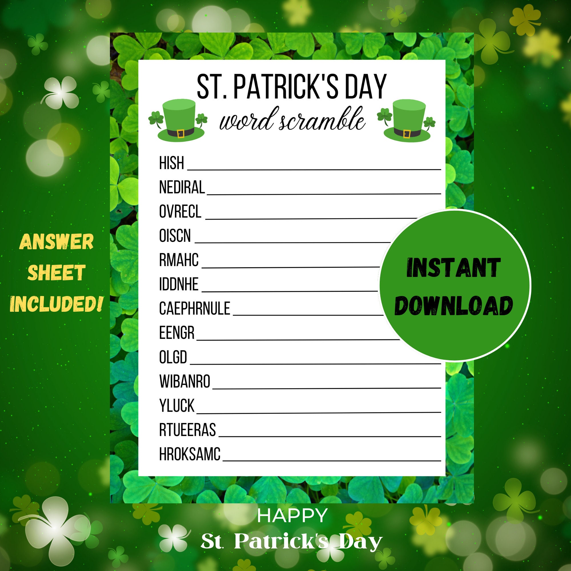 St. Patrick's Day Printable Word Scramble, St Patricks Day Games, Word ...