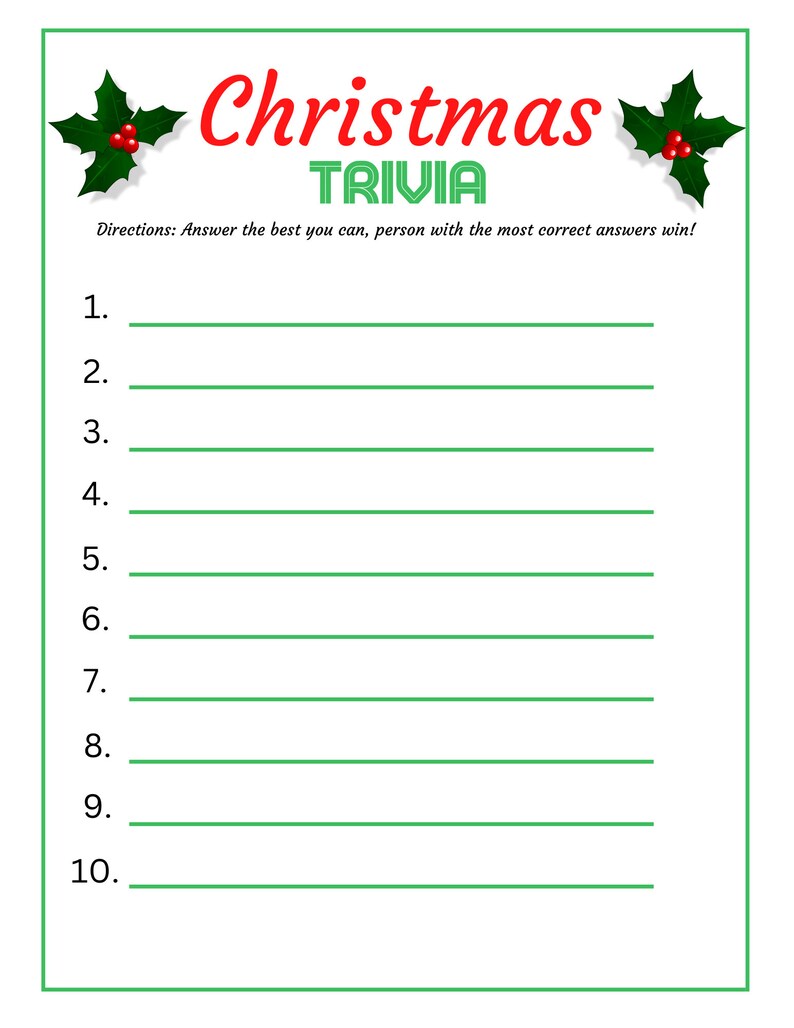 Christmas Trivia, Printable Holiday Game, Instant Download, Xmas Party ...