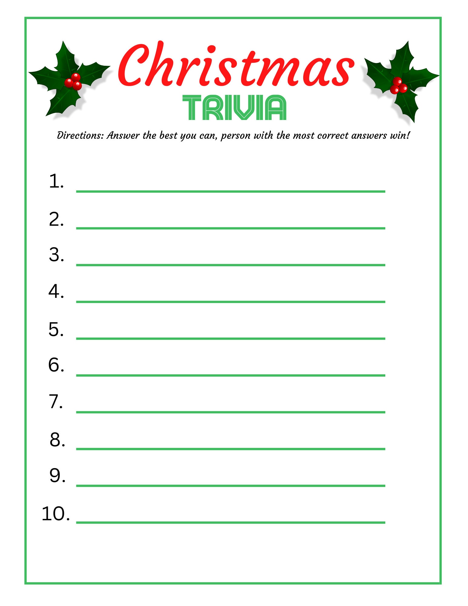 Christmas Trivia, Printable Holiday Game, Instant Download, Xmas Party ...