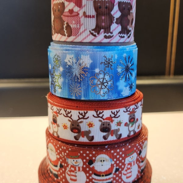 5/8" or 7/8" or 1" Christmas Santa Claus Snowman Reindeer Gingerbread Kitty Holiday Ribbon Sold by Yard