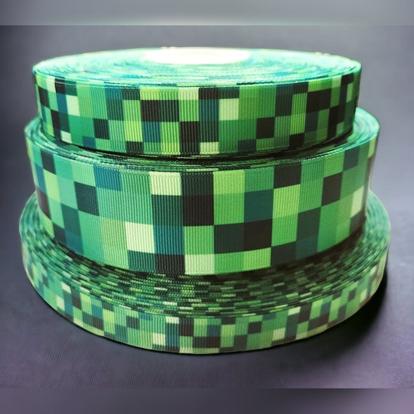 5/8" or 7/8" or 1.5" Green Pixel Mine Gamer Ribbon