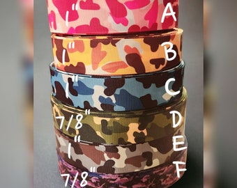 7/8" or 1" Pink Yellow Blue Green Gray Purple Camouflage Camo Print Ribbon