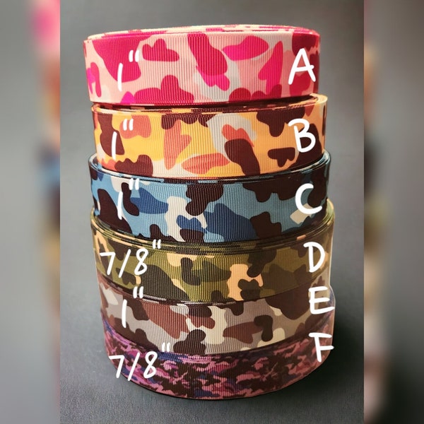 7/8" or 1" Pink Yellow Blue Green Gray Purple Camouflage Camo Print Ribbon