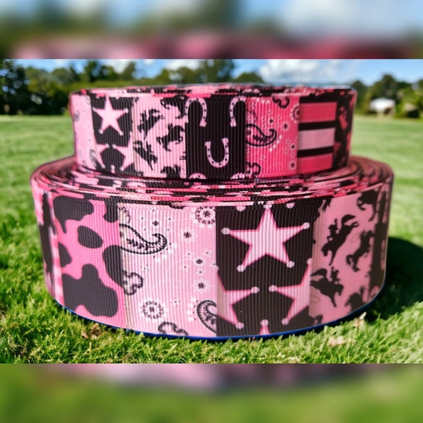 7/8" or 1.5" Hot Pink Black Pink Cowgirl Pattern Country Ribbon