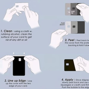 Puede incluir: Una gu&iacute;a ilustrada paso a paso sobre c&oacute;mo aplicar una cubierta protectora a una tarjeta. Las instrucciones incluyen limpiar la tarjeta, despegar el respaldo, alinear el borde y aplicar la cubierta. El texto de la imagen proporciona instrucciones detalladas.