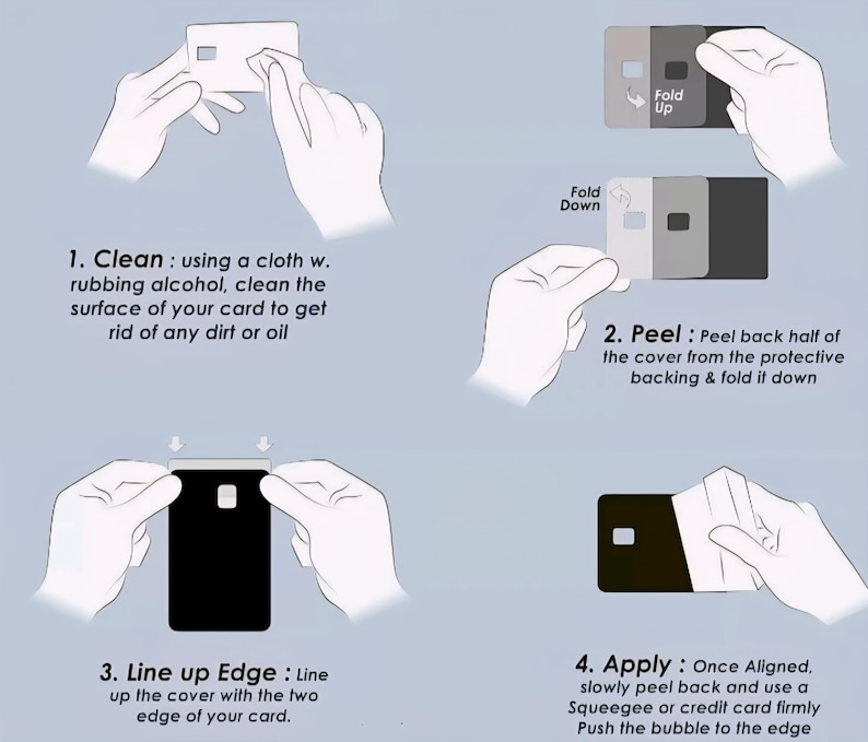 Puede incluir: Una gu&iacute;a ilustrada paso a paso sobre c&oacute;mo aplicar una cubierta protectora a una tarjeta. Las instrucciones incluyen limpiar la tarjeta, despegar el respaldo, alinear el borde y aplicar la cubierta. El texto de la imagen proporciona instrucciones detalladas.